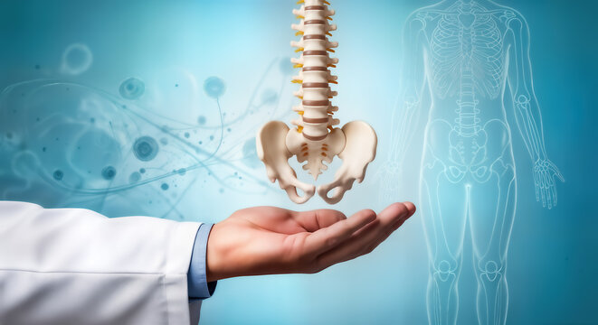 Doctors hand holding a human spine model, representing medical care and spinal health, with a faint outline of a human body in the background - Powered by Adobe