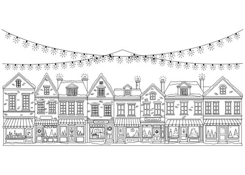 A charming Christmas village street with decorated shops and houses. Winter townscape with string lights. Line art for coloring book.