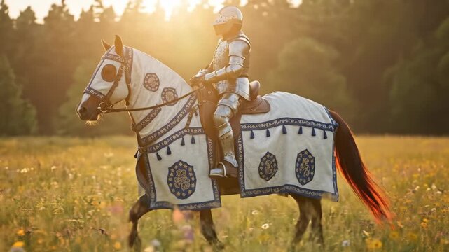 Knight in shining armor riding a horse with rich barding in a sunlit meadow, medieval warrior journey through nature