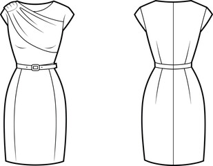 Elegant women’s short dress flat sketch, ruffle sleeve bodycon dress technical drawing, fashion vector template for apparel design, sewing pattern outline illustration