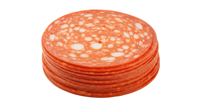 Isolated pile of pepperoni slices is a processed meat product made of pork and beef
