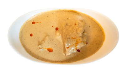 Satsivi chicken in walnut sauce cutout on white