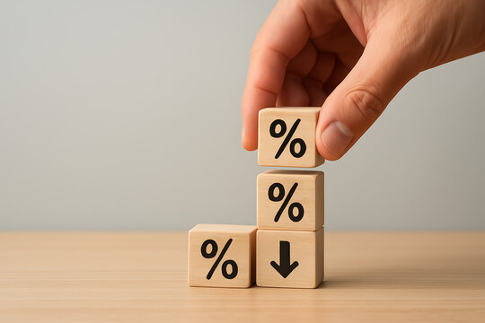 Hand arranging wooden blocks with percentage signs and a down arrow, symbolizing business decline, recession, low interest rates, risk, loss, and economic market drop - Powered by Adobe