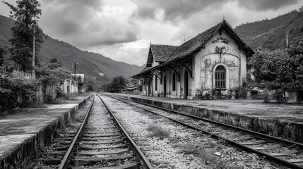 Dilapidated nineteenth century railway station building stands beside overgrown tracks leading toward mountains under dramatic sky
