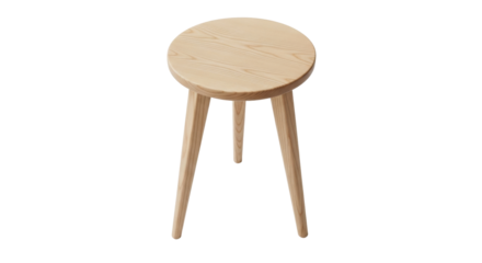 Isolated wooden stool with round top and three legs, modern furniture and decor piece
