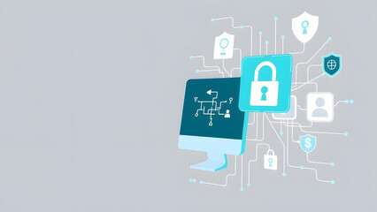 A computer with symbols and a padlock on a gray colored background art