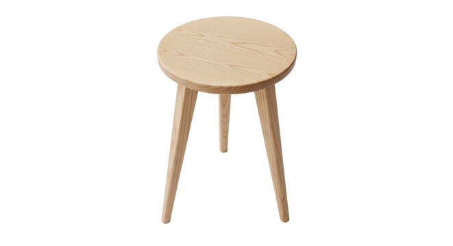 Isolated wooden stool with round top and three legs, modern furniture and decor piece