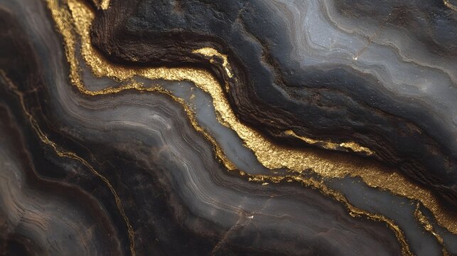 Luxurious dark natural stone texture with flowing swirling veins of metallic gold displaying intricate abstract organic patterns and rich contrasting