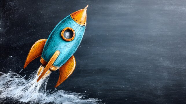 Hand drawn illustration of a colorful rocket blasting off against a dark background mimics chalkboard art