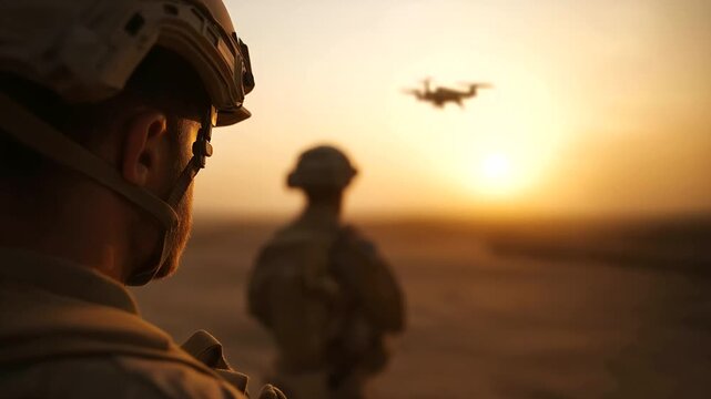 Soldiers with drone at sunset defocused desert setting, faceless military team, tactical visualization detail, blurred evening background, operation concept, combat interface, miss