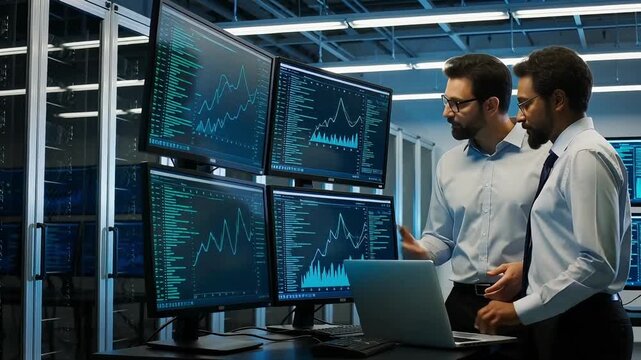 Data analysis experts reviewing stock market charts and graphs on multiple computer screens in server room 