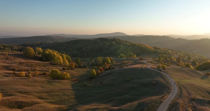 Drone View of Golden Hills and Trees at Sunset