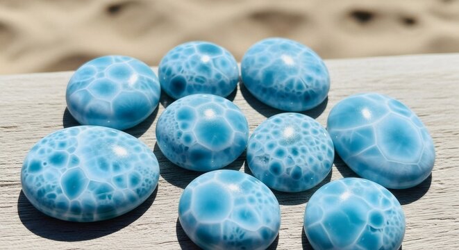 A collection of beautiful blue larimar stones arranged on a wooden surface with a sandy beach in the background for national larimar day