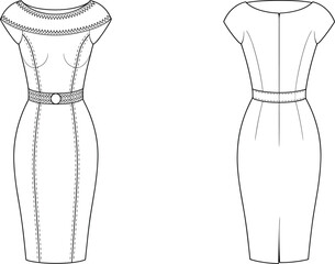 Elegant women's pencil dress fashion flat sketch, fitted silhouette design with belt and short sleeves, technical clothing drawing, vector template illustration