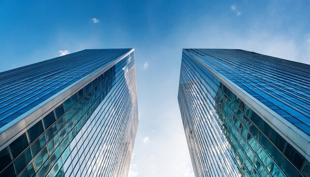 low angle perspective of two high rise buildings with reflective glass facades under blue sky