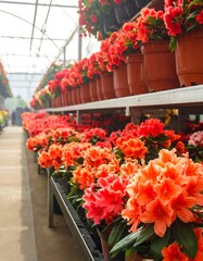Greenhouse displays vibrant red and orange flowers in rows on shelves.