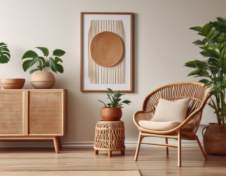 neutral interior design with cabinet artwork rattan chair plants and wooden floor