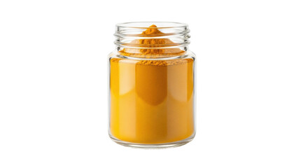 Isolated jar of bright yellow turmeric powder used in cooking and as an herbal supplement