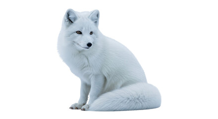 Naklejka premium Isolated arctic fox, vulpes lagopus, sits looking to left against neutral tone, winter