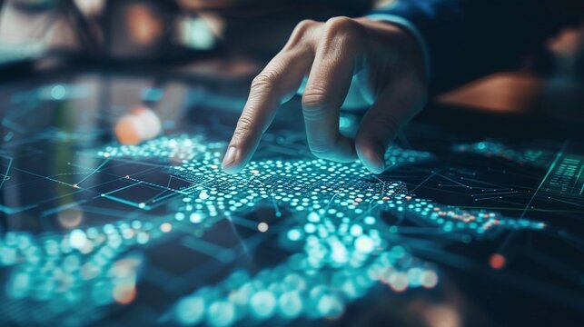 A hand interacts with a glowing, digital map, highlighting points of connection