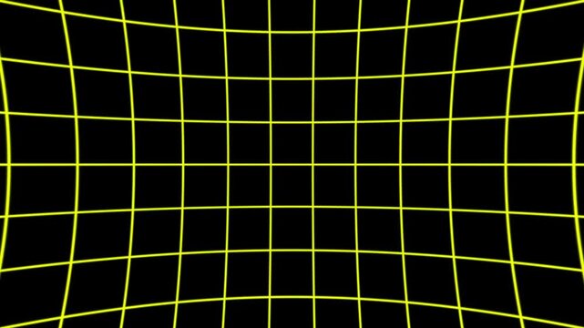A distorted yellow grid on a black background creating a visual effect of depth and perspective