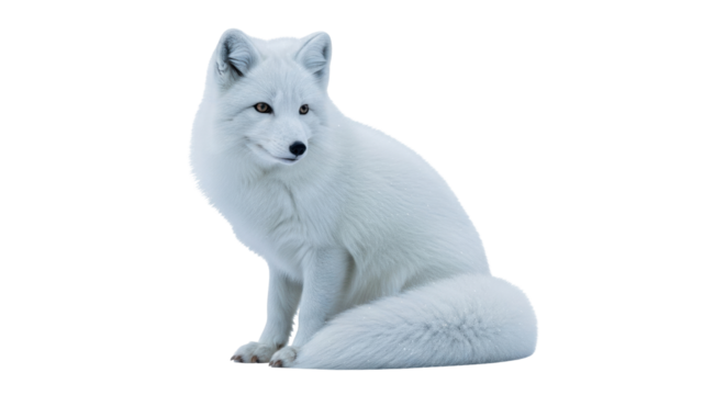 Isolated arctic fox, vulpes lagopus, sits looking to left against neutral tone, winter
