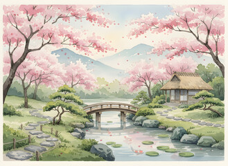 japanese garden in spring, generative ai	
