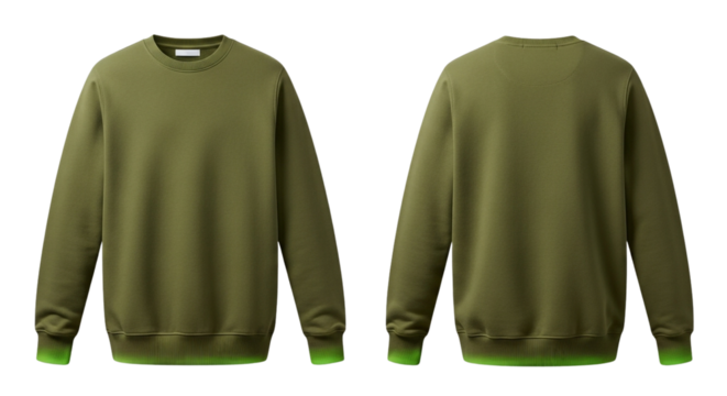 Front and back view of an olive green sweatshirt