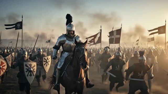 Male knight on horseback leading a medieval army with shields and swords into battle during a sunset charge concept.