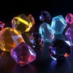 3D crystal shapes with glowing neon reflections, isolated objects 