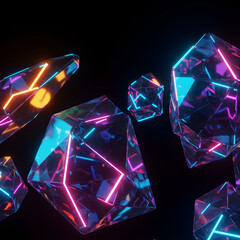 3D crystal shapes with glowing neon reflections, isolated objects 