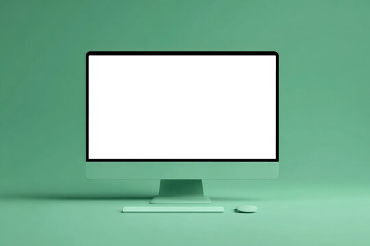 Minimalist green computer monitor with blank white screen on a matching background. modern desktop computer display is perfect for showcasing website mockups or digital designs. - Powered by Adobe