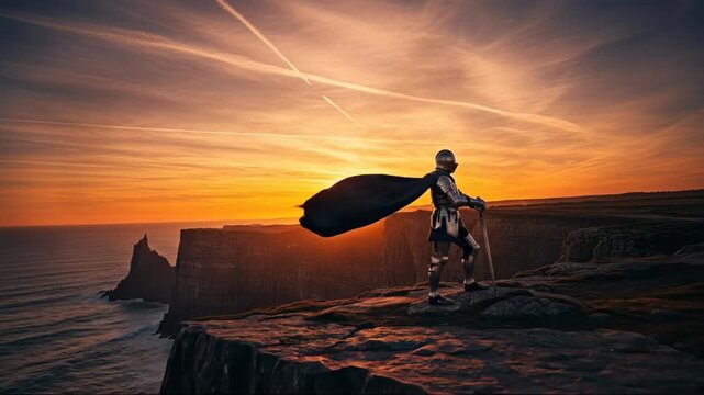 Medieval knight watches sunset over rugged cliffs and ocean waves, cape fluttering in wind for heroic adventure concept