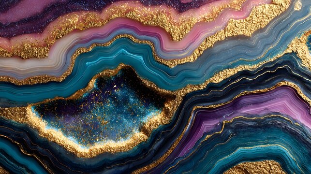Fluid layers of vibrant agate mineral bands feature prominent shimmering gold inclusions.