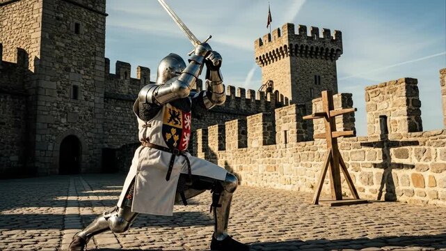 Knight in full armor practices sword fighting on castle grounds with a wooden training dummy under a bright sky.