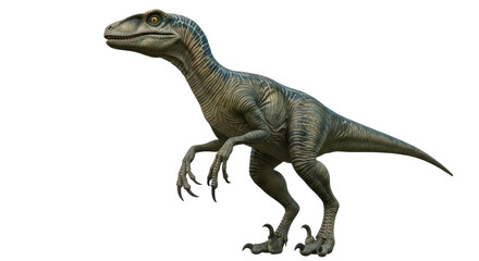 Isolated Velociraptor stands tall with sharp claws, prehistoric predator ready to strike