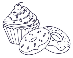 A cupcake and two donuts