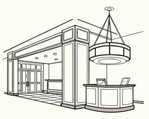 Architectural interior with reception desk and chandelier
