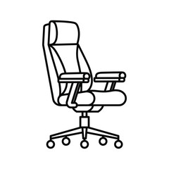 A simple black and white line drawing of an office chair with wheels