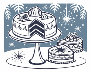 Festive cakes on a stand with winter decorations