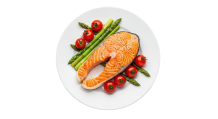 Isolated fresh salmon fillet with asparagus and cherry tomatoes on a white plate, tasty food