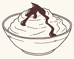 Illustration of a bowl of whipped cream with chocolate sauce