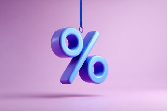 3D rendered percentage symbol in blue and purple against a soft pink background. a floating percentage sign, perfect for illustrating discounts, rates, or financial concepts. - Powered by Adobe