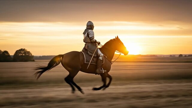 Knight in full armor riding a galloping horse across a field at sunset, representing historical bravery and medieval adventure.