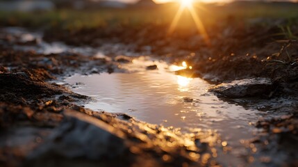 Obraz premium A tranquil puddle on muddy ground reflects the warm golden light of the setting sun