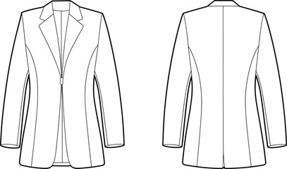 Fashion flat sketch of elegant women’s blazer jacket with long sleeves, lapel collar, front closure, tailored fit, and technical clothing design illustration