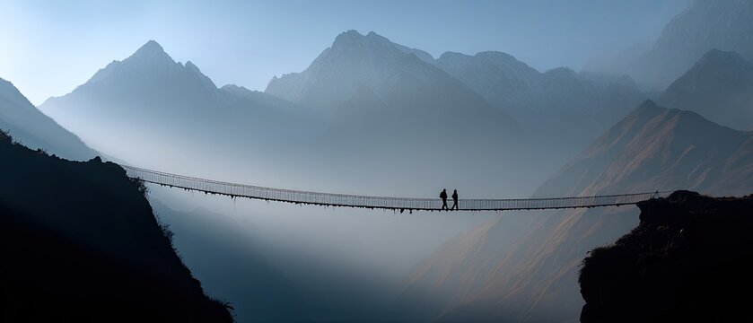 Distant figures on a suspension bridge amidst misty mountains at dawn