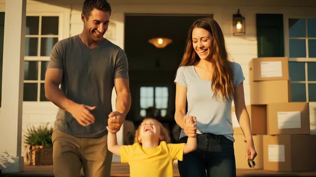 Family moving into new home. Parent and child hold hands on porch. Box with label rests on porch of house. Movingday and relocation emotion visible in smile. Doorstep scene shows family very happy.
