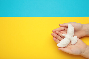 Child hands with dove on yellow blue background. International Day of Peace. Ukraine