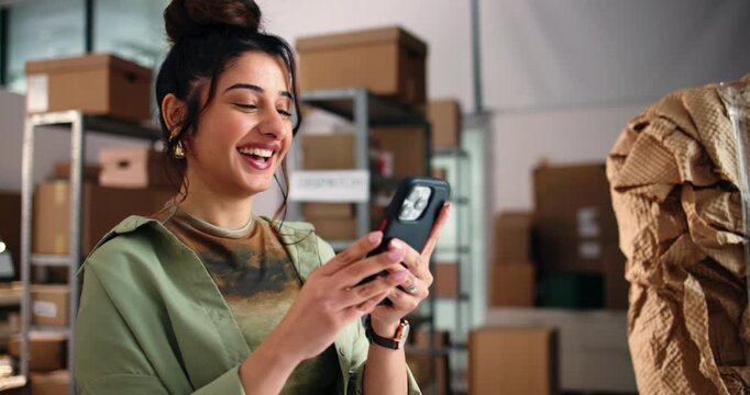 Phone, excited and woman with fist pump for supply chain, shipping or sale success for boutique. Small business, ecommerce and person celebrate on smartphone for good news, distribution and logistics